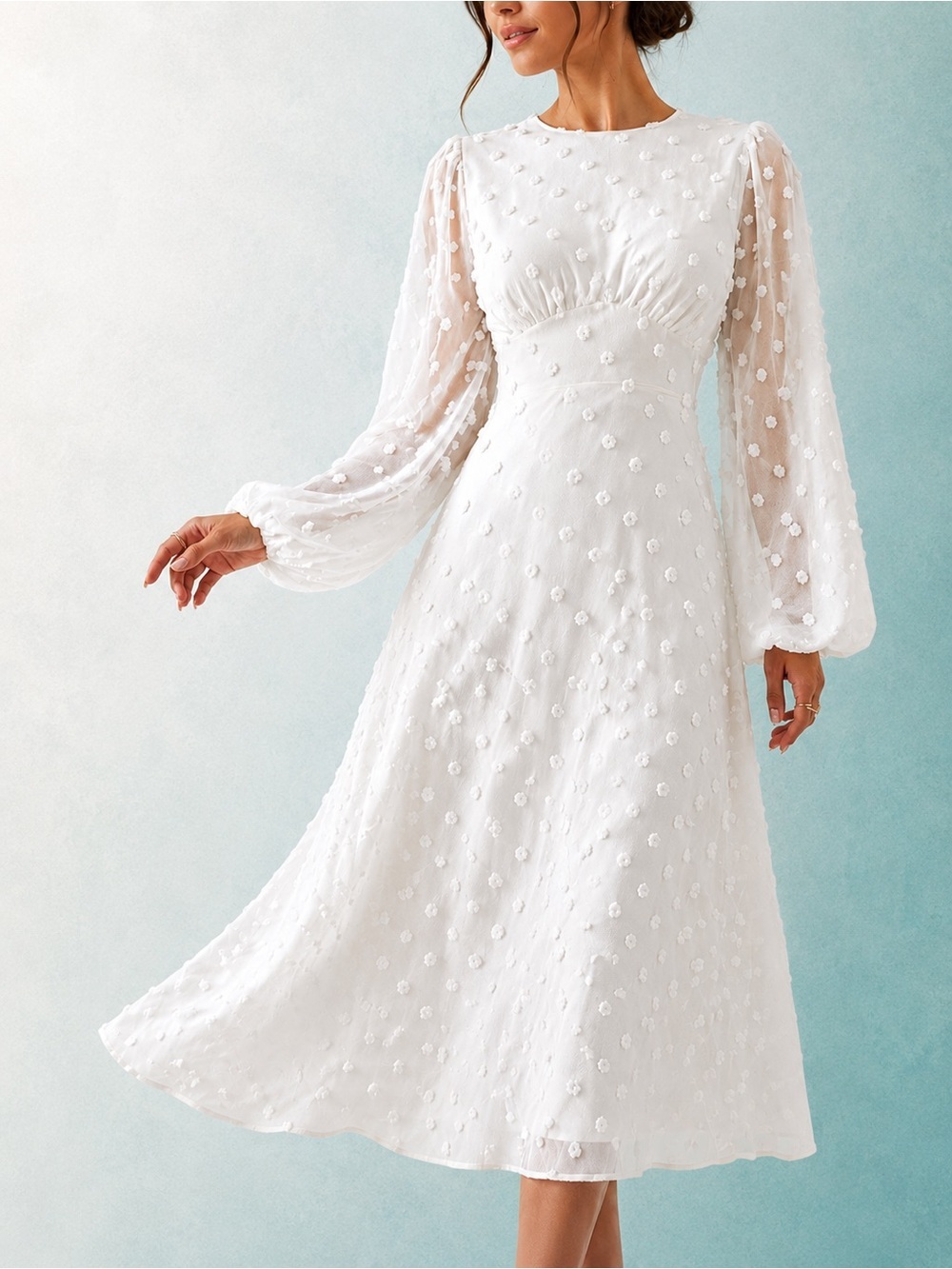 🎀 CHICWISH NWOT Textured White Cotton Candy Midi Dress Long Flowy Sleeves Large